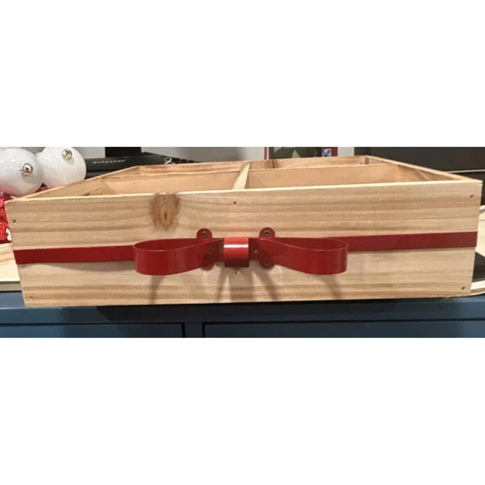 Ashland Tabletop Present Cubby Wood Storage Bin w/ 4 Compartments & Red Bow